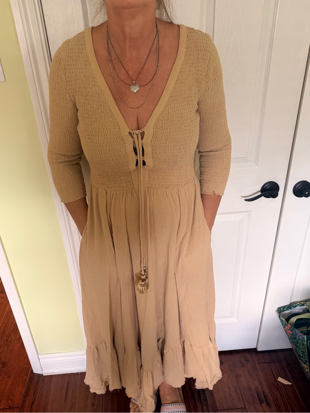 Free People Tan V-Neck Tie-Front Maxi Dress